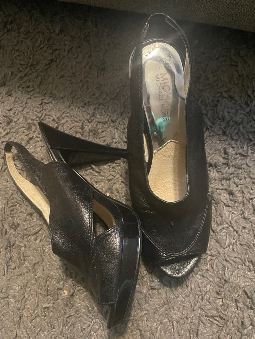 MICHAEL Michael Kors Black Leather Peep-Toe Slingback Heels